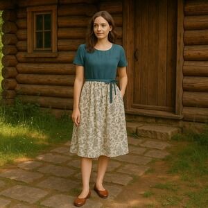 Kalinka Teal Cream Linen Floral Midi Dress Sze M Cottagecore Boho Modest Prairie